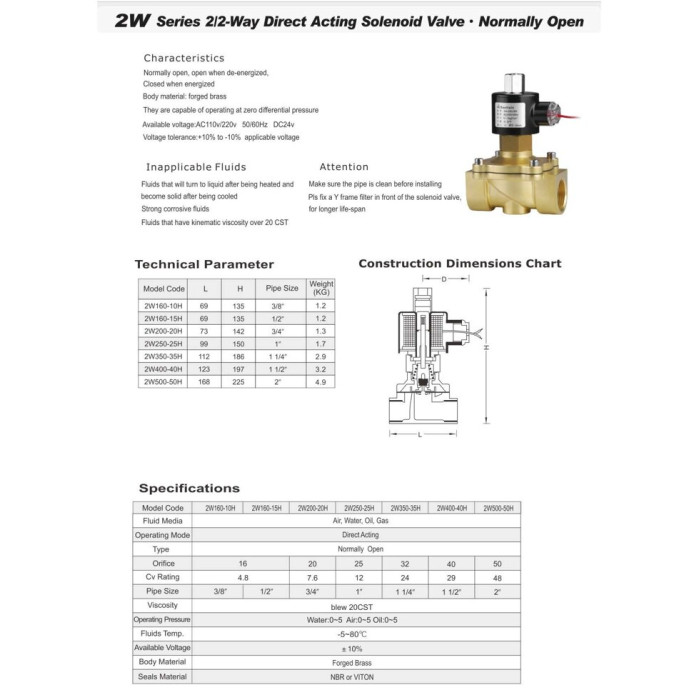 Соленоїдний клапан відкритий 1 1/2 прямої дії Sanlixin 2W-400-40H EPDM AC220V 0-5 bar