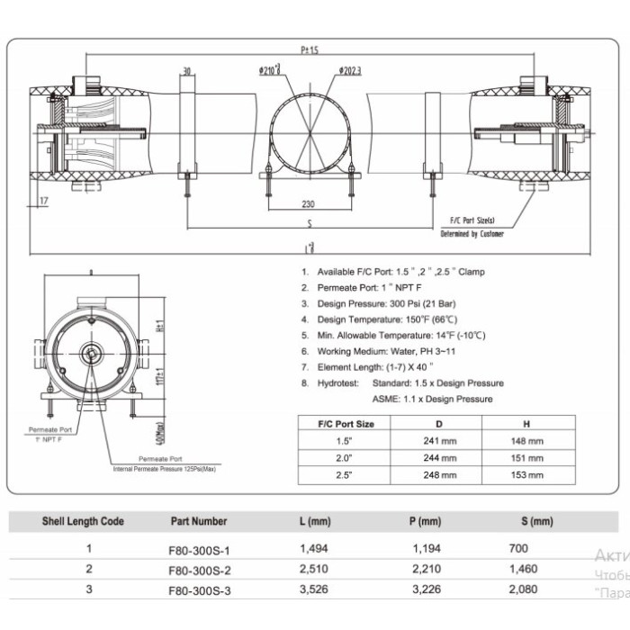 Корпус мембраны 8040 стекловолокно 300 psi FRP8040-3W